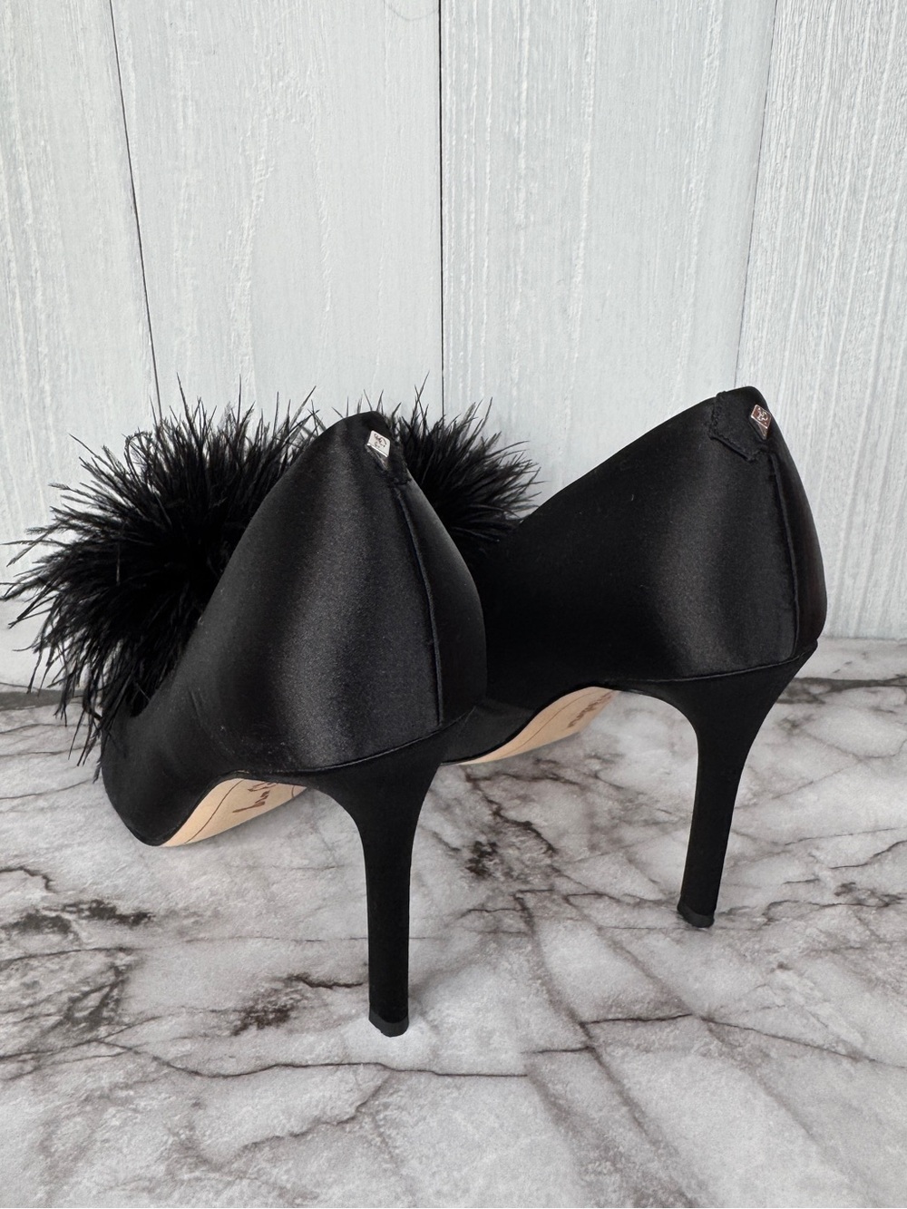 Sam Edelman Black Satin Pom-Pom Stiletto Pumps - Picture 7 of 10